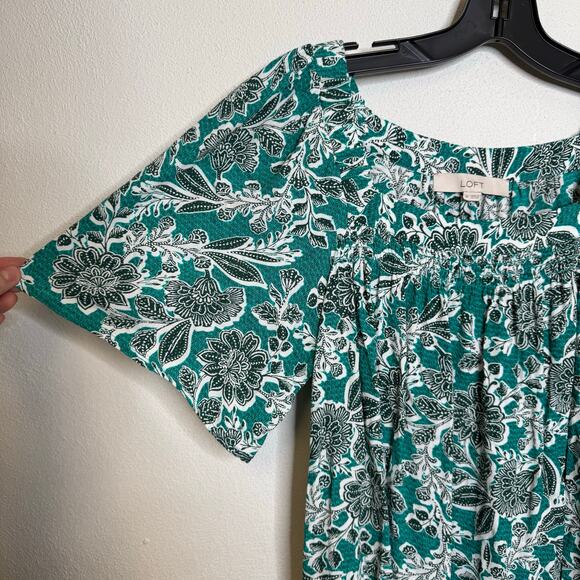 2/$25 Loft Turquoise Blue Floral Smocked Modest Paisley Feminine Blouse Medium - Picture 2 of 11